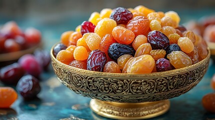 Wall Mural - A close-up of a golden bowl with a mix of rich traditional sweets and plump dates on a vibrant background