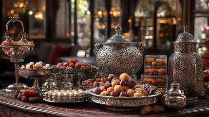 A cultural setting featuring a silver-plated dish with a mix of sweets and premium dates