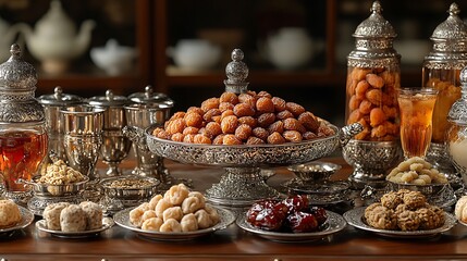 Wall Mural - A cultural setting featuring a silver-plated dish with a mix of sweets and premium dates