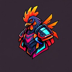 Neon Rooster Knight: A vibrant digital illustration of a rooster in shining armor, radiating energy and power.