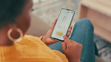 Woman, hands or website with phone screen for online template or browsing web designs above on sofa at home. Top view, female person or mobile smartphone display with UI, UX or selection for new app