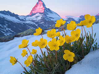 Canvas Print -  alpine glacier buttercups at dawn