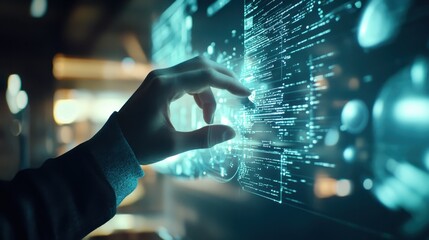 A hand interacts with a futuristic digital interface