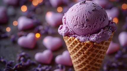 Wall Mural - A golden waffle cone holding a scoop of lavender ice cream with a background of floating heart bokeh lights in warm tones