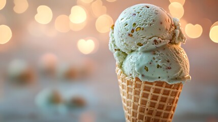 Wall Mural - A scoop of pistachio ice cream in a textured waffle cone glowing under a dreamy heart bokeh light effect