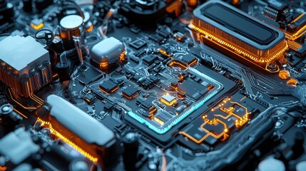 Aufkleber - A close up of a computer chip with a blue and orange glow