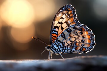 Poster - Colorful butterfly perched on a branch during golden hour in a natural setting