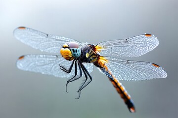 Poster - Dragonfly captured in detail with dew drops on its wings in a soft-focus background during early morning