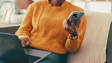 Poster - Hands, house and woman with smartphone, laptop and internet with university application. Person, closeup and student on sofa, computer or cellphone with social media, email for approval or connection