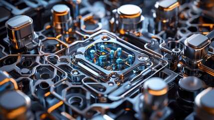 Aufkleber - A close up of a computer chip with blue and silver parts