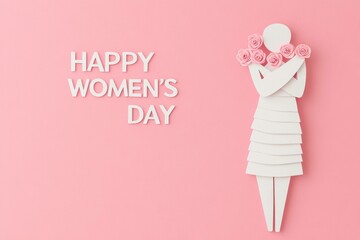 Creative paper cutout illustration celebrating International Women s Day with a figure holding roses against a pink background, symbolizing femininity and empowerment