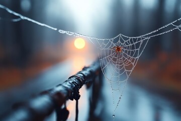 Poster - Spider web glistening with dew in a foggy forest at dawn