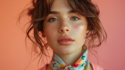 Wall Mural - Portrait, young woman, freckles, blue eyes, messy updo hairstyle, bangs, coral background, colorful floral neck scarf, natural makeup, soft lighting, high detail, fashion photography, dreamy atmosph