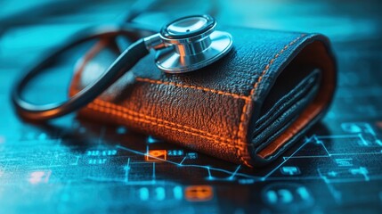 Wall Mural - Stethoscope rests on a leather wallet atop a digital graph