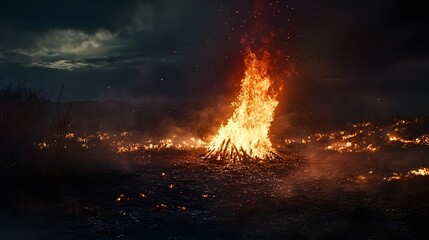 Poster - A towering bonfire engulfed in intense flames casting a warm fiery glow over the rugged mountainous landscape on a dramatic stormy night  The scene exudes a sense of primitive energy