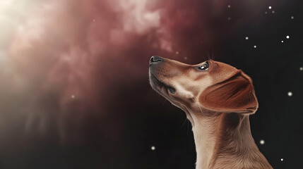 Wall Mural - Dog looks up against a dark, cloudy sky. Good for pet stores