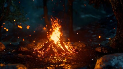 Poster - Crackling Bonfire Surrounded by Snowy Winter Woodland at Night  Glowing Flames and Sparks Rising from a Rustic Outdoor Campfire in a Dense Forest