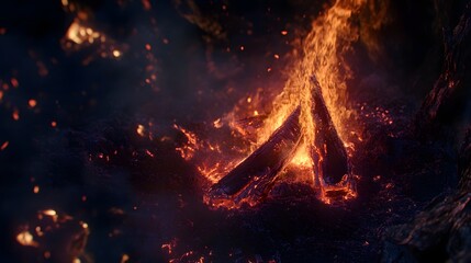 Poster - Dramatic and Intense Blaze of Fiery Flames Illuminating the Darkness in an Outdoor Nature Scene with Glowing Embers and Sparks Igniting the Night