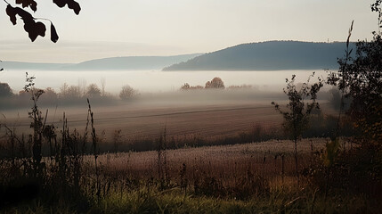 Mist-filled valley view from a hilltop. Serene morning for photography, travel, or peaceful escape with background trees and distant mountains
