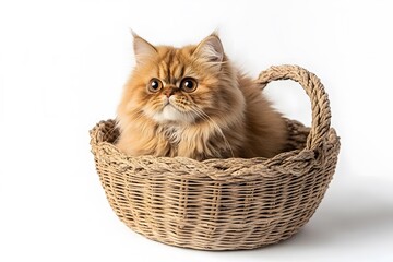 Wall Mural - Persian cat sitting in a basket, isolated on white background