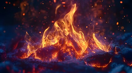 Poster - Dramatic scene of a roaring campfire with bright orange flames glowing embers and sparks shooting up into the dark night sky  The intense fire is a powerful display of energy warmth