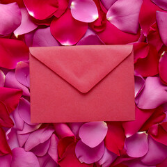 Canvas Print - Pink red envelope with rose petals. Design template for International Women's Day.