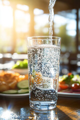 Canvas Print - A glass of sparkling water being poured, accompanied by a healthy meal, showcasing a refreshing lifestyle, well-being, and nutritious eating.