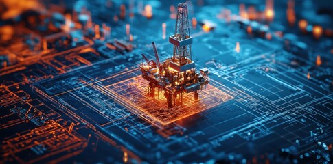 Wall Mural - digital oil rig surrounded by glowing circuit patterns, symbolizing the fusion of technology and ene