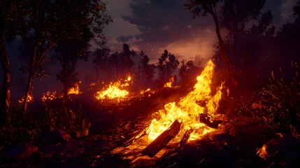 Leinwandbilder - Intense and dramatic scene of a raging wildfire blazing through a forested landscape under a darkening sky at dusk  The flames are roaring and spreading rapidly