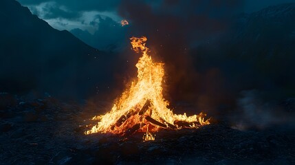 Poster - Intense bonfire burning brightly in the foreground casting an eerie glow over the rugged mountain terrain and dramatically clouded sky at dusk  The flames and smoke create a powerful