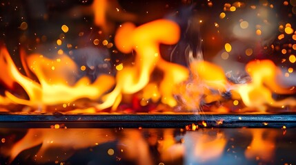 Poster - Intense Burning Flames with Fiery Glowing Embers and Sparks in Blaze Dramatic Bonfire or Campfire Background with Crackling Sound and Smoke