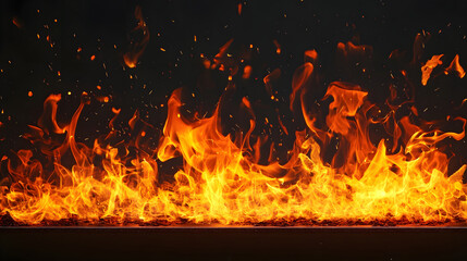 Poster - Intense fiery blaze with raging orange and yellow flames burning bright in a chaotic uncontrolled A powerful furious wildfire consuming and devouring everything in its path