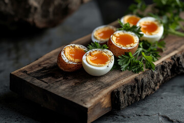 Wall Mural - Soft-boiled eggs served on a wooden board, garnished with parsley and seasoned with pepper, showcasing a healthy, fresh, and nutritious meal for breakfast.