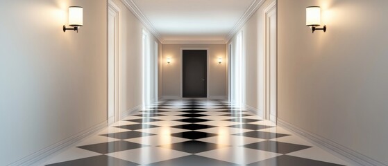 Long, empty hallway with a black and white checkered floor. the walls are painted in a light beige color and there are two wall sconces on either side of the hallway.