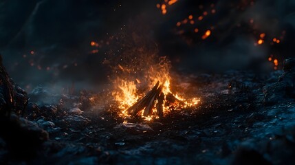 Poster - Intense fiery flames roar and crackle in the darkness of a snowy rugged mountain landscape creating a stunning and dramatic campfire scene that evokes a sense of warmth adventure