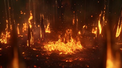 Poster - Intense fiery landscape with roaring flames engulfing the darkness creating a dramatic and powerful scene of nature s destructive power and raw energy