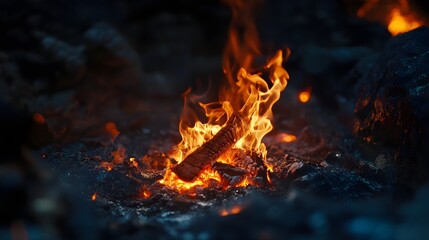 Poster - Intense fire flames with glowing embers and charred pieces of wood burning brightly in a rustic fireplace or outdoor campfire setting  The image captures the energy warmth