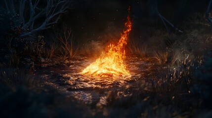 Leinwandbilder - Intense flames engulf a rustic forest landscape in the dead of night creating a dramatic and primal scene of uncontrolled elemental energy and destruction  The fiery blaze contrasts with the dark