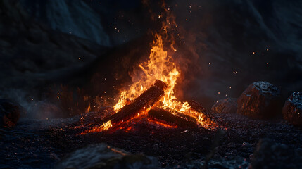 Poster - Intense flames of a fiery blaze erupting from a burning bonfire in a dramatic nature landscape  The fire burns brightly with glowing embers and sparks flying creating a powerful and captivating scene