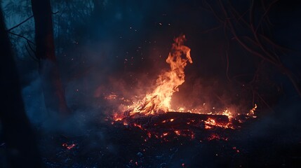 Aufkleber - Intense flames of a roaring forest fire burning brightly in the dark of night with smoke and embers swirling around the blazing inferno