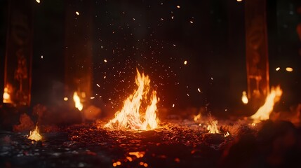 Aufkleber - Intense mesmerizing campfire burning brightly with flames and glowing embers under a canopy of twinkling stars in a remote secluded forest setting  Warm cozy
