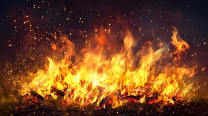 Poster - Intense roaring flames of a raging wildfire burning brightly in a dramatic nature landscape setting  Powerful fiery blaze with bright orange red and yellow hues creating a sense of danger risk