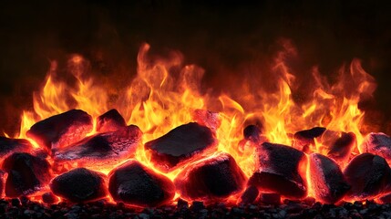 Poster - Intense roaring flames of glowing embers red hot coals and fiery blaze in a dramatic landscape background  Powerful dangerous and captivating display of natural energy and combustion