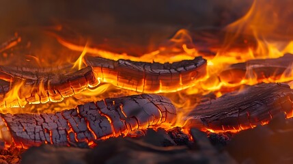 Wall Mural - Intense roaring flames of burning wooden logs in a fiery blaze with glowing embers and sparks  Abstract and dramatic background of raging inferno with powerful heat and energy  Concept of fire