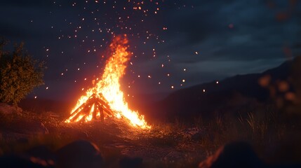 Poster - Majestic flames from a roaring bonfire casting a warm glow over the serene mountain landscape beneath a breathtaking starry night sky  Evoking a sense of the raw power of nature