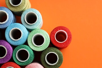 Wall Mural - Different spools of sewing threads on orange background, flat lay. Space for text