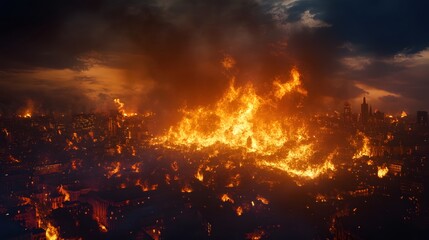 Poster - Massive fiery eruption engulfs a city in a catastrophic disaster scene with billowing plumes of thick black smoke and intense flames spreading rapidly across the urban landscape