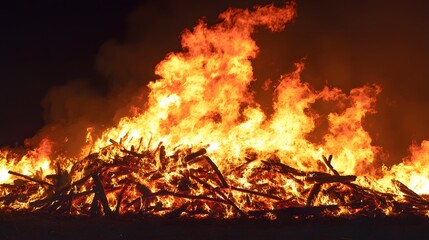 Poster - Massive bonfire with tall flames and billowing smoke burning brightly in the night sky creating a powerful and captivating scene of heat light and energy