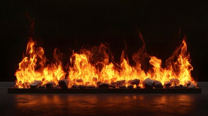 Poster - Massive roaring flames of intense fire burning bright with glowing embers and fiery sparks against a dark and dramatic background  The inferno creates a powerful and captivating display of heat