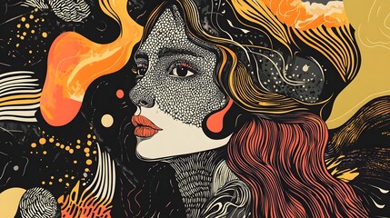 Aufkleber - Mesmerizing Surreal Digital Portrait with Flowing Cosmic Patterns and Vibrant Colors